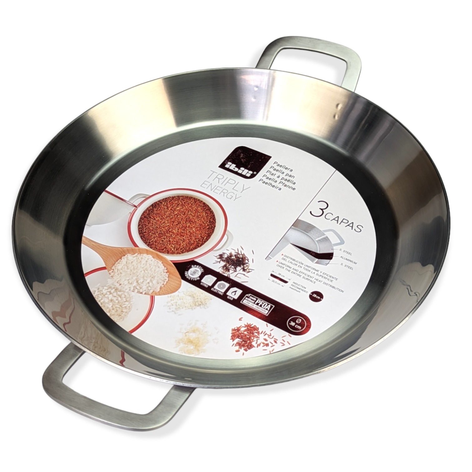38cm Ibili ''Triply'' Stainless Steel Paella Pan for Ceramic, Induction hobs & AGA's
